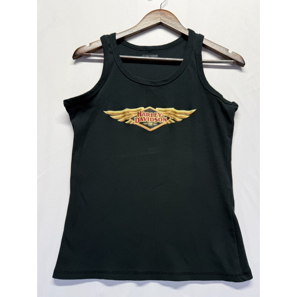 Harley Davidson Tank Top Womens Large Black Graphic Logo Ribbed Scoop Neck